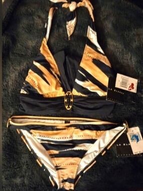 NWT Gold & Black Halter Bikini with Oval Accent
